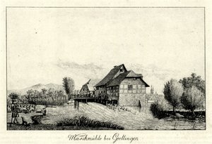 Voormalige Maschmühle aan de Leine ten noorden van Göttingen, op de achtergrond links de Hainberg, rechts de stad door Christian Andreas Besemann